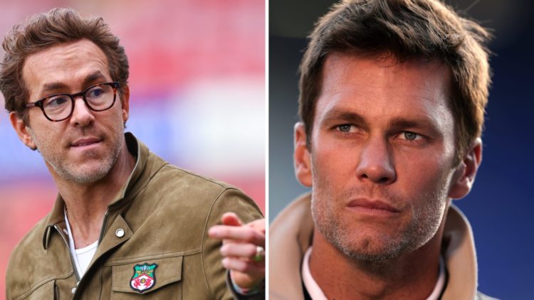 Wrexham co-owner Ryan Reynolds looks on vs Charlton Athletic. Tom Brady before Birmingham City vs Wrexham.