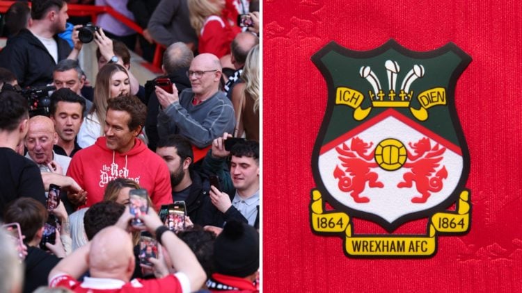 Fans of Wrexham celebrate with Rob McElhenney and Ryan Reynolds co-owners of Wrexham after the Sky Bet League One match between Wrexham AFC and Cha...
