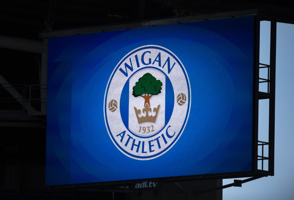 The electronic scoreboard at Wigan Athletic displaying their club badge during the Sky Bet League One match between Wigan Athletic and Gillingham
