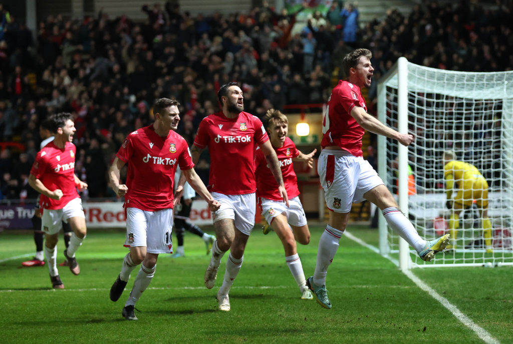 James Jones celebrates scoring during Wrexham v Sheffield United in the Emirates FA Cup Fourth Round clash.