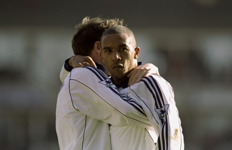 19 Mar 2000:  Chris Armstrong of Tottenham Hotspur is congratulated by teammate Darren Anderton during the FA Carling Premiership match against Ars...