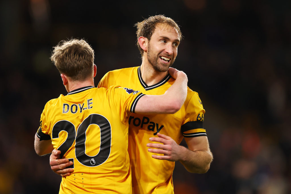 Craig Dawson and Tommy Doyle celebrate during Wolverhampton Wanderers v Everton FC in the Premier League clash.