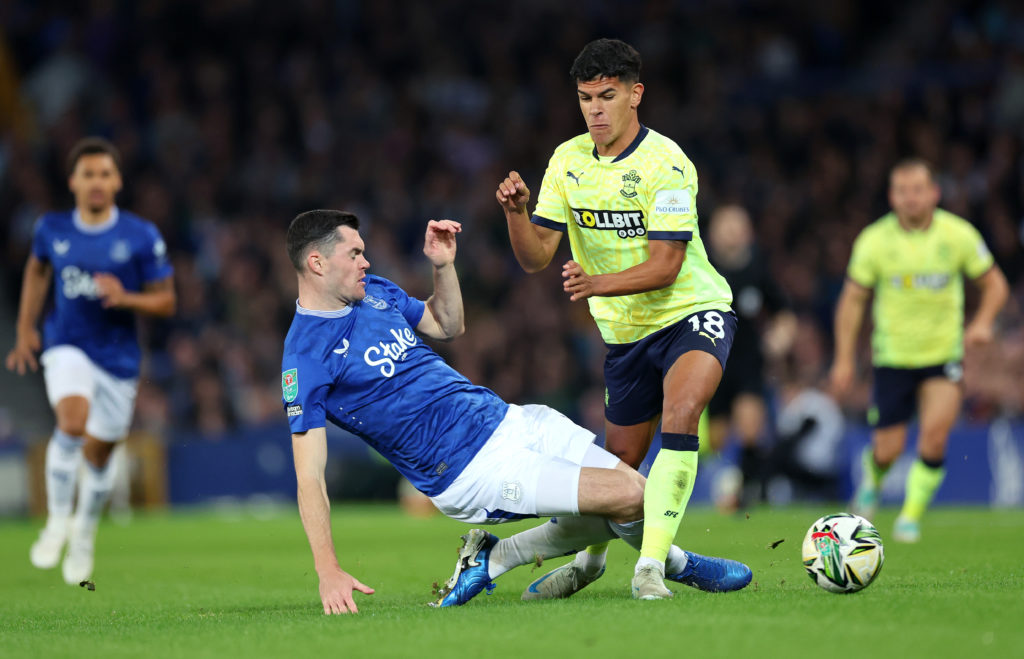 Michael Keane challenges Mateus Fernandes during Everton v Southampton in the Carabao Cup Third Round clash.