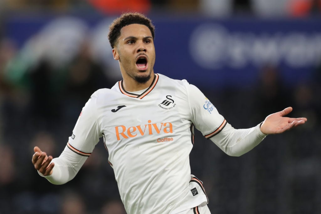 Myles Peart-Harris celebrates scoring for Swansea City against Portsmouth.