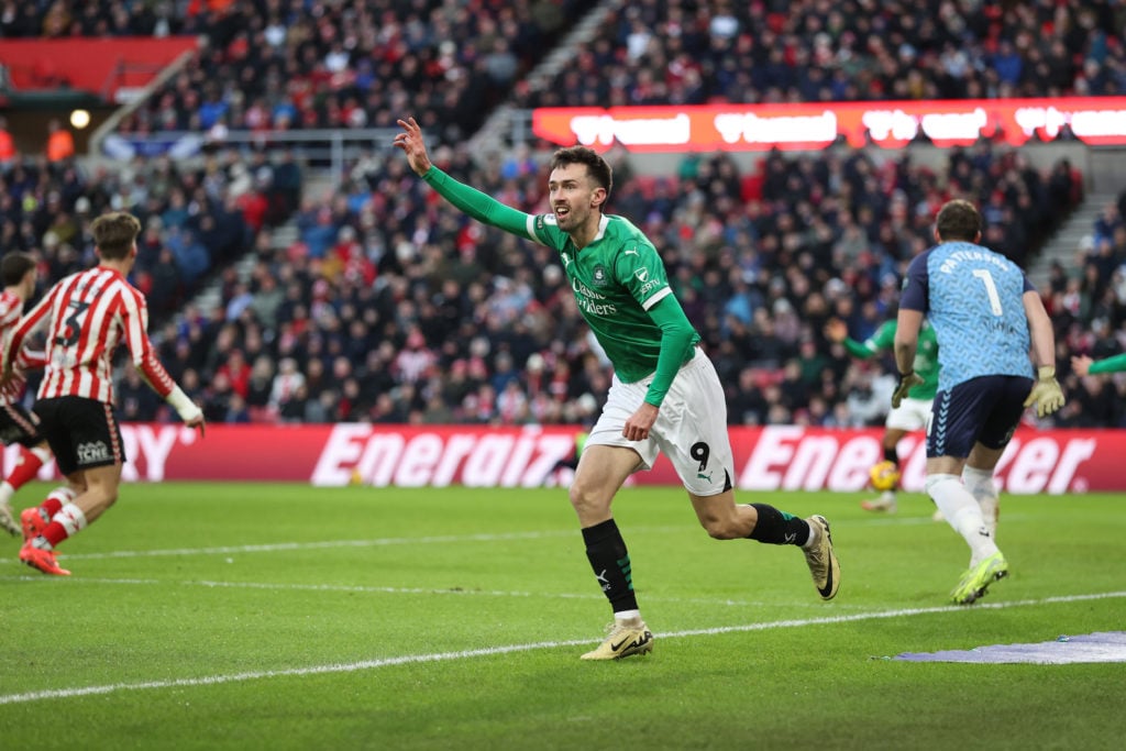 Plymouth Argyle striker Ryan Hardie celebrates scoring against Sunderland.