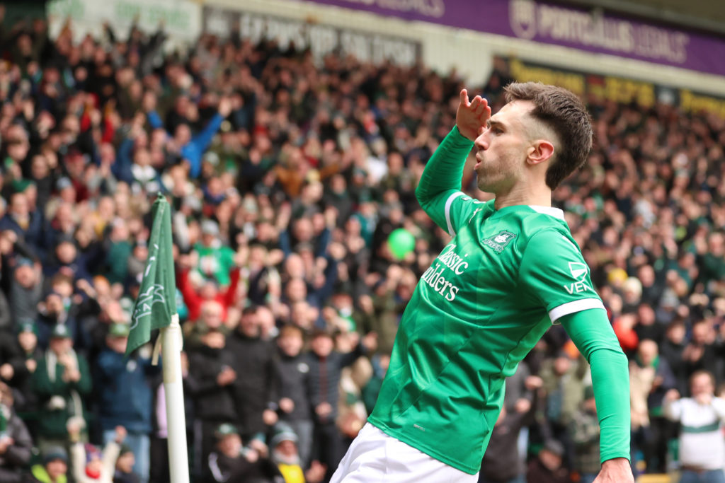 Plymouth Argyle striker Ryan Hardie celebrates scoring against West Bromwich Albion