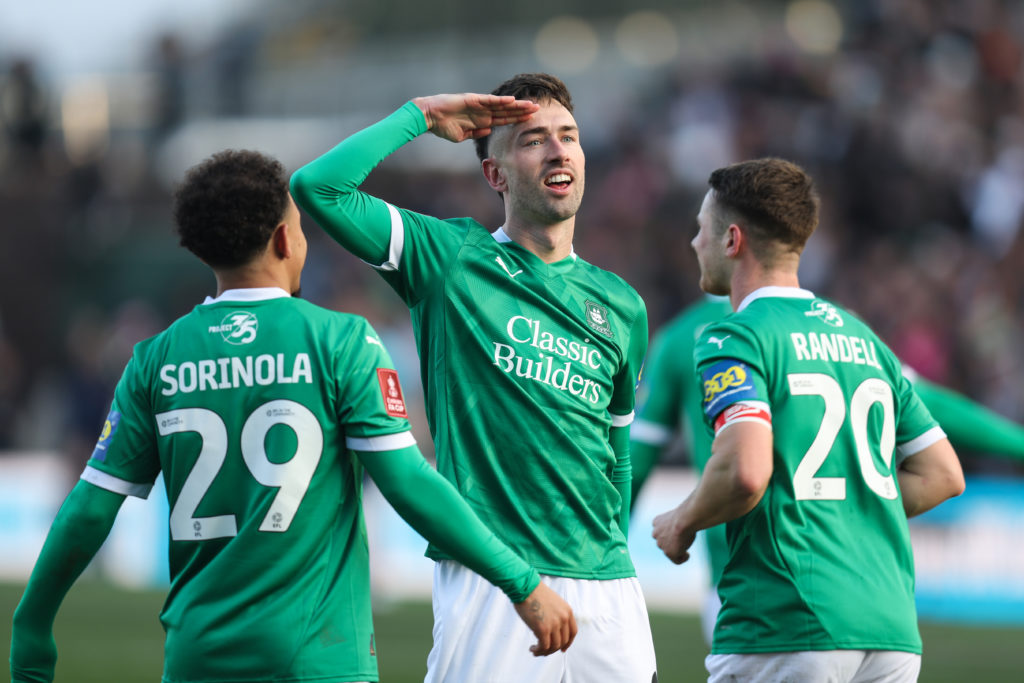 Ryan Hardie celebrates scoring during Plymouth Argyle v Liverpool in the Emirates FA Cup Fourth Round clash.