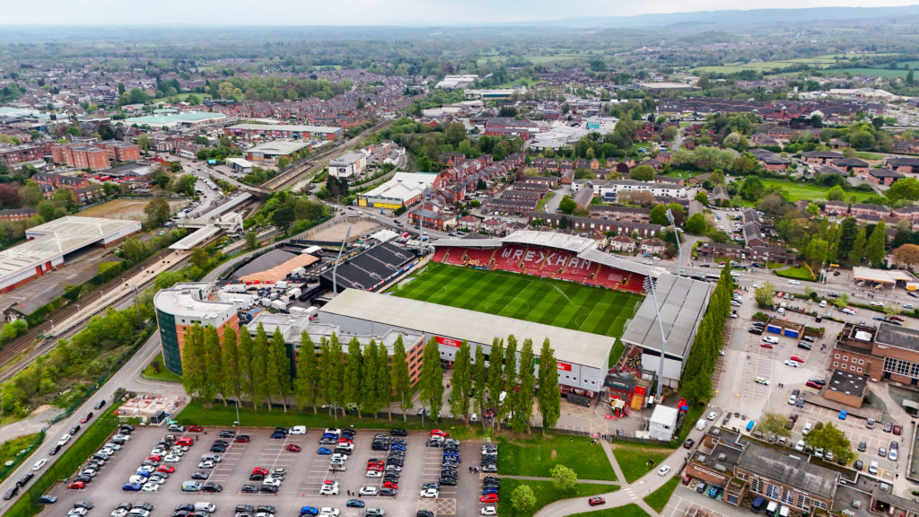 Racecourse Stadium aerial view ahead of Wrexham vs Charlton Athletic