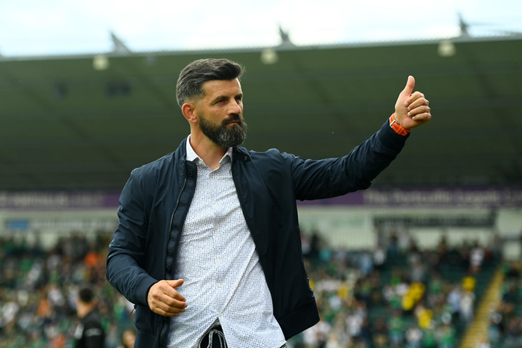 Plymouth Argyle boss Miron Muslic gestures to fans against Leeds United.