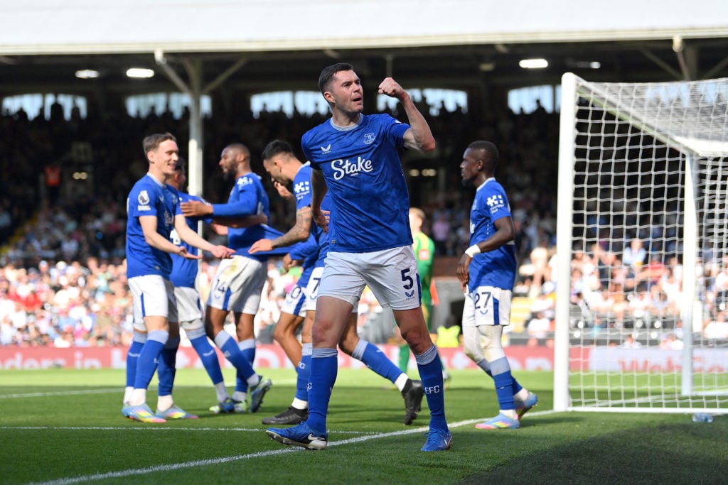 Michael Keane celebrates during Fulham FC v Everton FC in the Premier League clash.