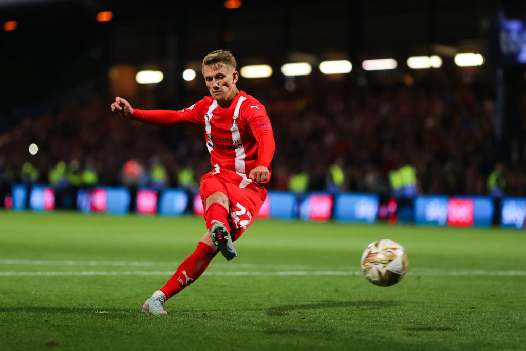 Ethan Galbraith scores a penalty during Stockport v Leyton Orient in the Sky Bet League One Play Off Semi Final Second Leg.