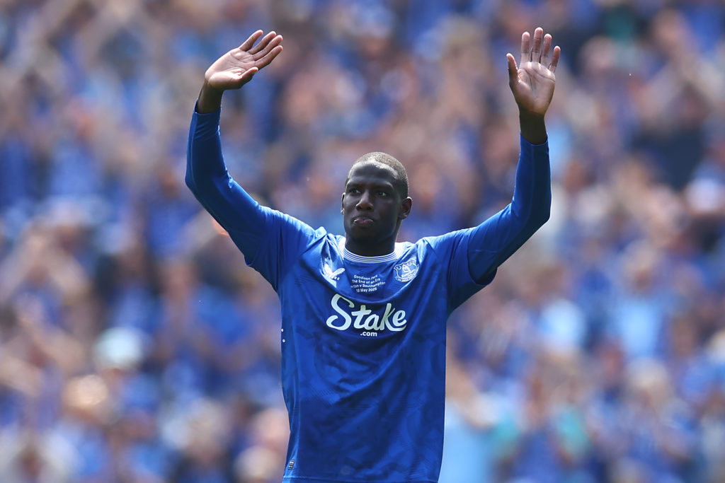 Abdoulaye Doucoure waves to supporters during Everton FC v Southampton FC in the Premier League clash.