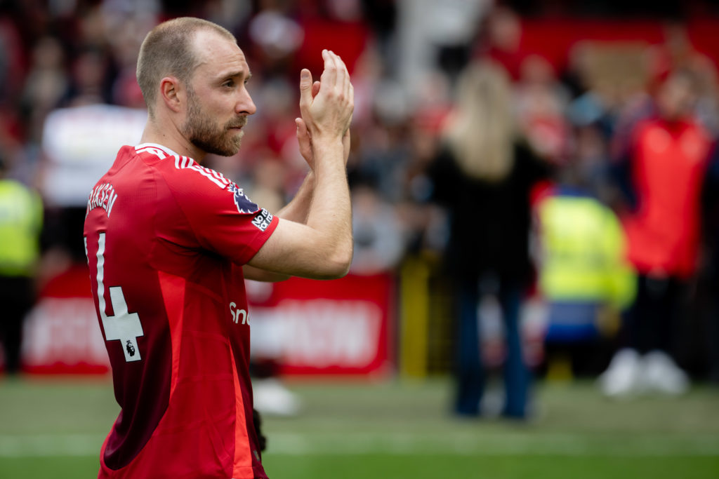 Christian Eriksen applauds supporters after Manchester United FC v Aston Villa FC in the Premier League clash.