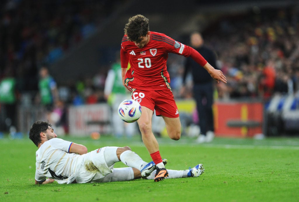Lewis Koumas in action during Wales v Liechtenstein in the European Qualifiers Group J for the FIFA World Cup 2026.