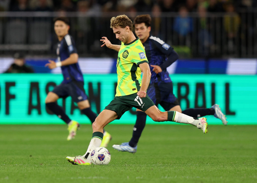 Ryan Teague in action during Australia v Japan in the 2026 FIFA World Cup Round Three AFC Asian Qualifier.