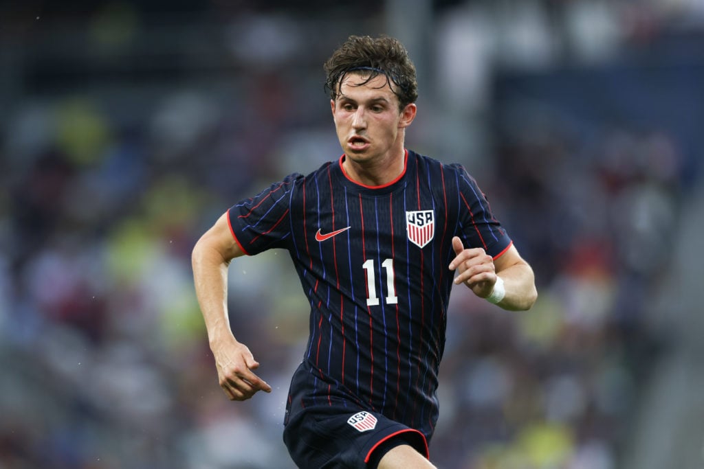 United States midfielder Brenden Aaronson playing against Switzerland.