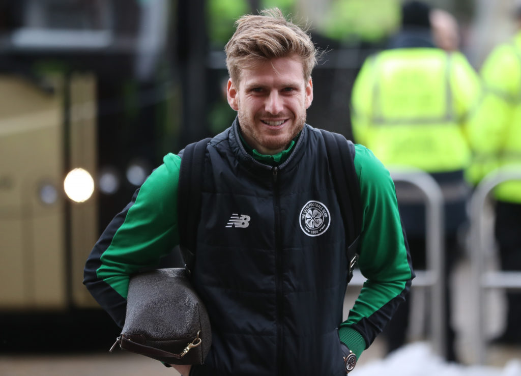 Stuart Armstrong arrives before Celtic v Rangers in the Scottish Premier League clash.