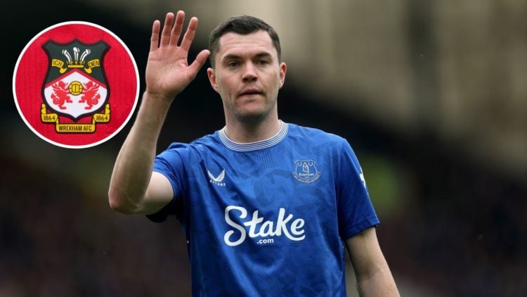 Image of Michael Keane of Everton during the Premier League match between Everton FC and Manchester City, inset of The official club badge of Wrexh...