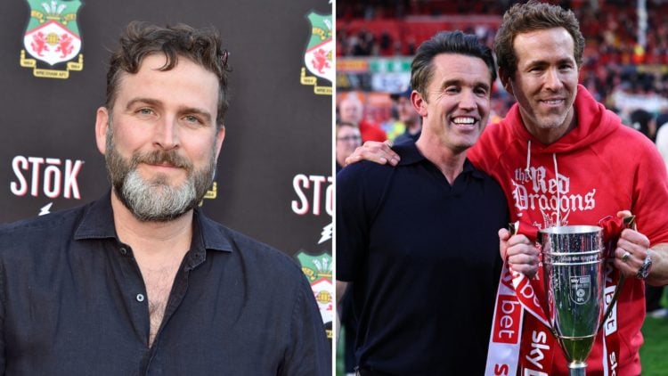 Split Image of Humphrey Ker at the "Welcome to Wrexham: Wrex Coast Tour", Rob McElhenney and Ryan Reynolds co-owners of Wrexham ahead of the Sky Be...