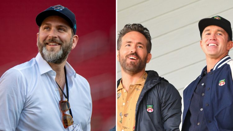 Split Image of Humphrey Ker Executive director of Wrexham AFC walks the field at Levi's Stadium, Wrexham owners, Ryan Reynolds (L) and Rob McElhenn...