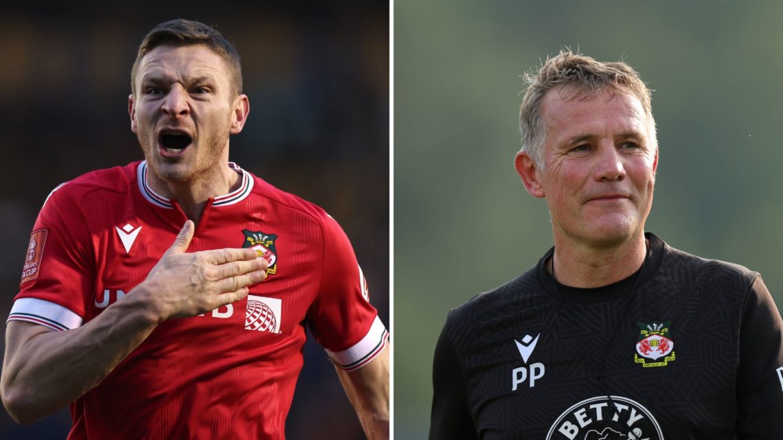 Split Image of Paul Mullin of Wrexham celebrates the win at the final whistle during the Emirates FA Cup Third Round match between Shrewsbury Town ...