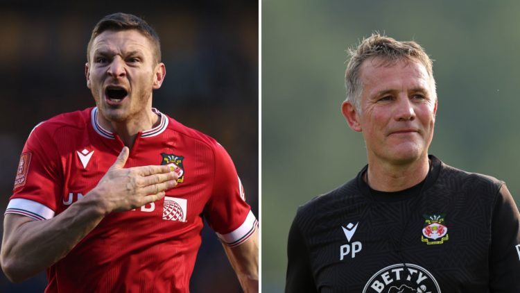 Split Image of Paul Mullin of Wrexham celebrates the win at the final whistle during the Emirates FA Cup Third Round match between Shrewsbury Town ...