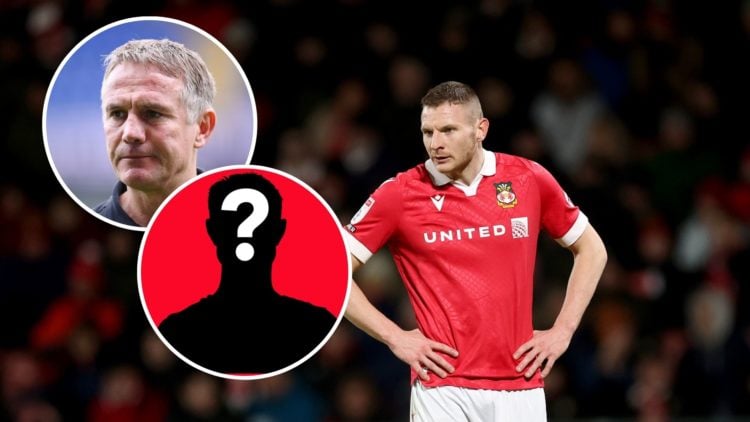Image of Paul Mullin of Wrexham FC during the Sky Bet League One match between Wrexham AFC and Stevenage, insets of Phil Parkinson, Manager of Wrex...