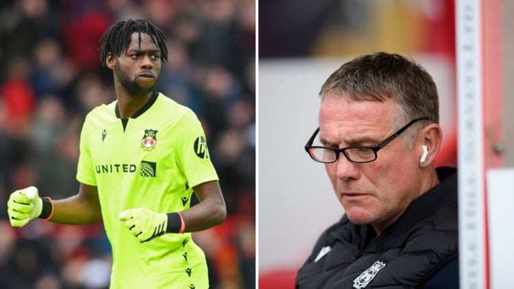 Split Image of Arthur Okonkwo of Wrexham celebrates his team's first goal during the Sky Bet League Two match between Wrexham and Stockport County,...