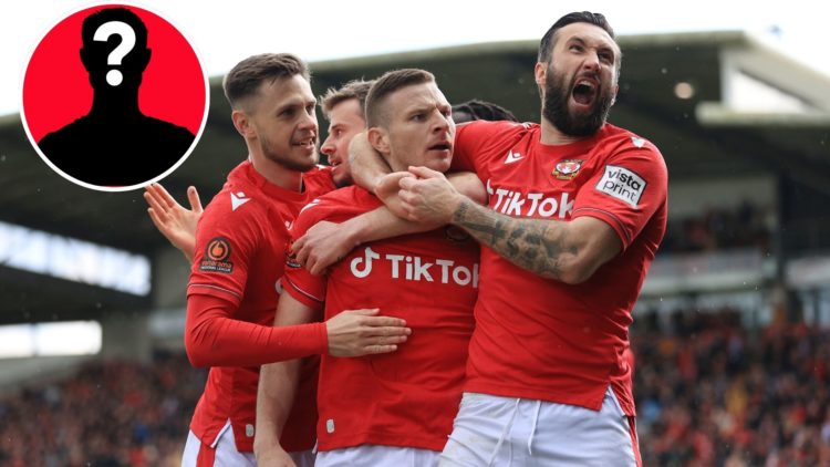 Image of Paul Mullin of Wrexham (C) celebrates with Ollie Palmer of Wrexham (R) after scoring their 1st goal during the Vanarama National League ma...