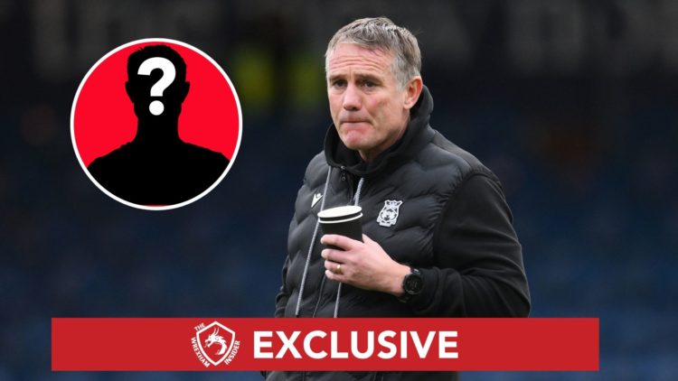 Image of Phil Parkinson, Manager of Wrexham looks on prior to the Sky Bet League One match between Stockport County FC and Wrexham, Inset of a myst...