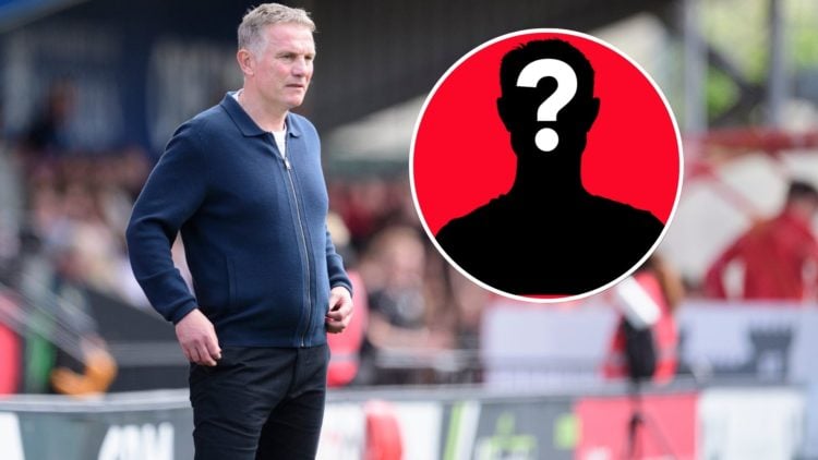 Image of Phil Parkinson, manager of Wrexham during the Sky Bet League One match between Lincoln City FC and Wrexham, Inset of a mystery player