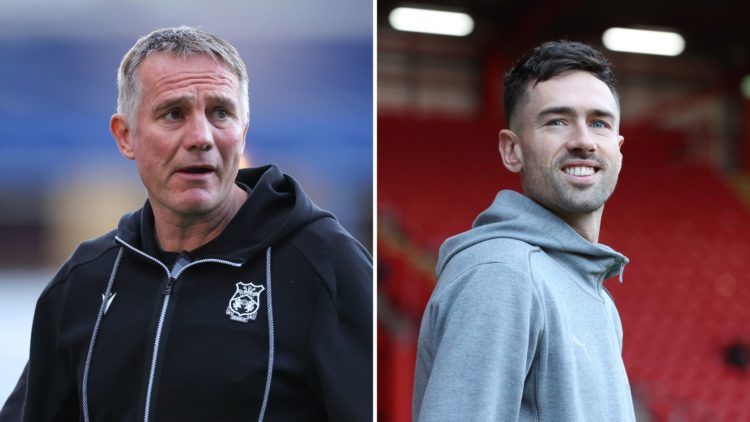 Split Image of Phil Parkinson manager / head coach of Wrexham ahead of the Sky Bet League One match between Birmingham City FC and Wrexham, Ryan Ha...