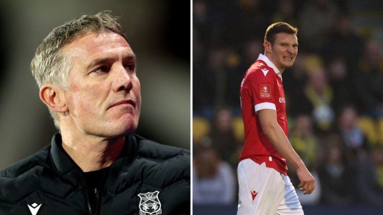 Split Image of Phil Parkinson, manager of Wrexham AFC, during the Sky Bet League One match between Huddersfield Town AFC and Wrexham, Paul Mullin o...