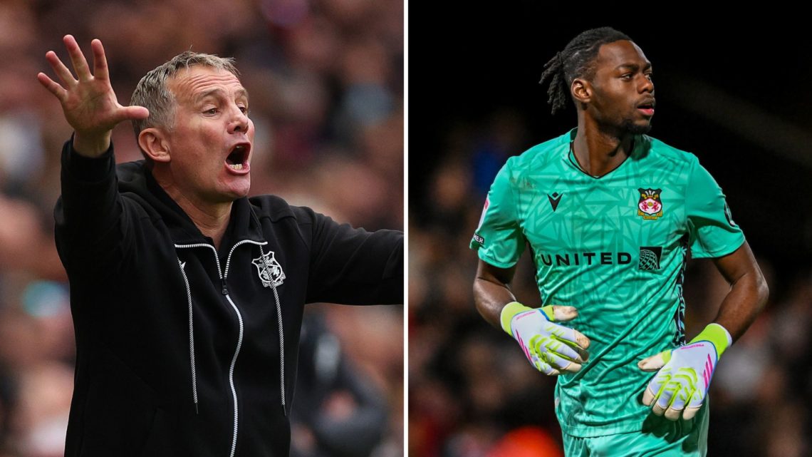 Split Image of Phil Parkinson, manager of Wrexham, is pictured during the Sky Bet League One match between Charlton Athletic FC and Wrexham, Goalke...