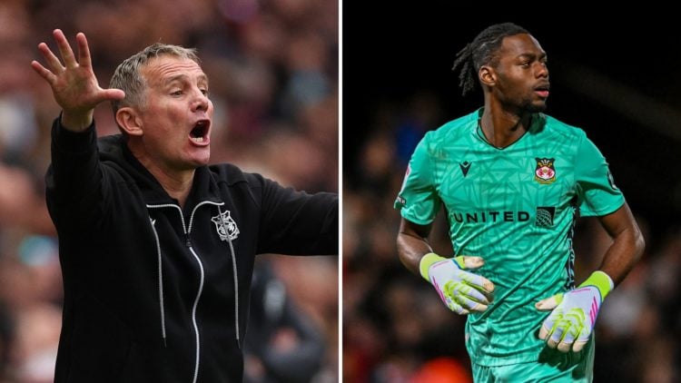 Split Image of Phil Parkinson, manager of Wrexham, is pictured during the Sky Bet League One match between Charlton Athletic FC and Wrexham, Goalke...