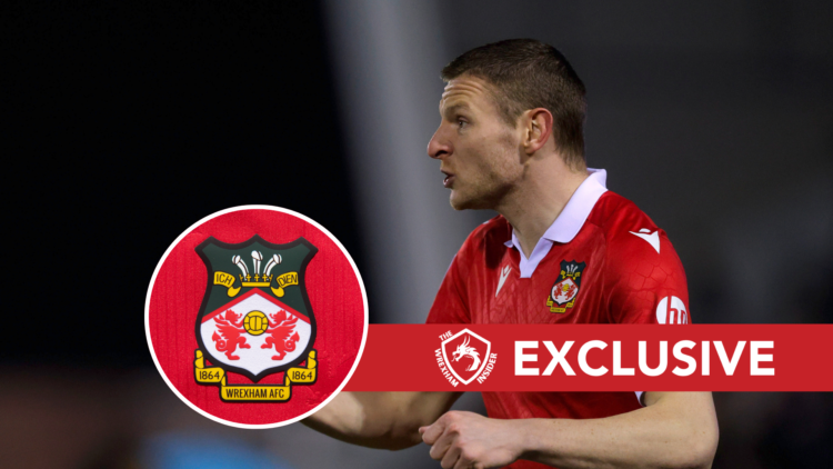 Wrexham striker Paul Mullin. Inset, Wrexham badge. Overlaid, exclusive branding.