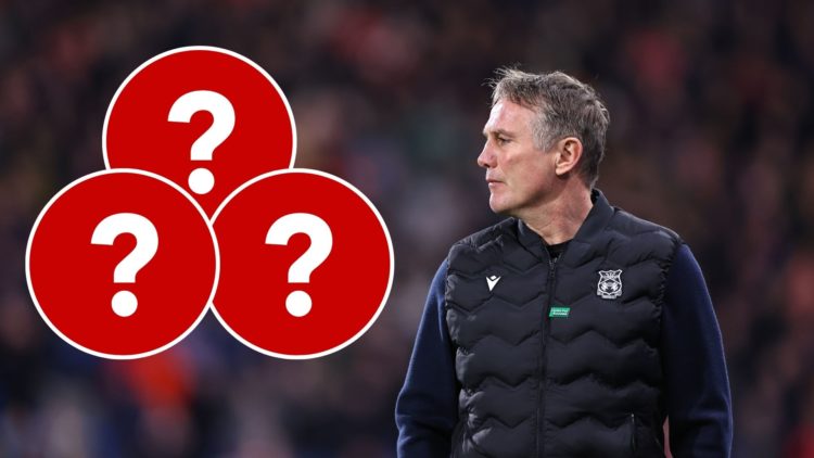 Wrexham AFC manager Phil Parkinson looks on against Huddersfield Town. Inset, three white question marks on red circular backgrounds.