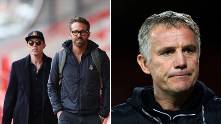Split Image of Wrexham Football Club owners Rob McElhenney and Ryan Reynolds arrive ahead of the Vanarama National League match between Wrexham and...