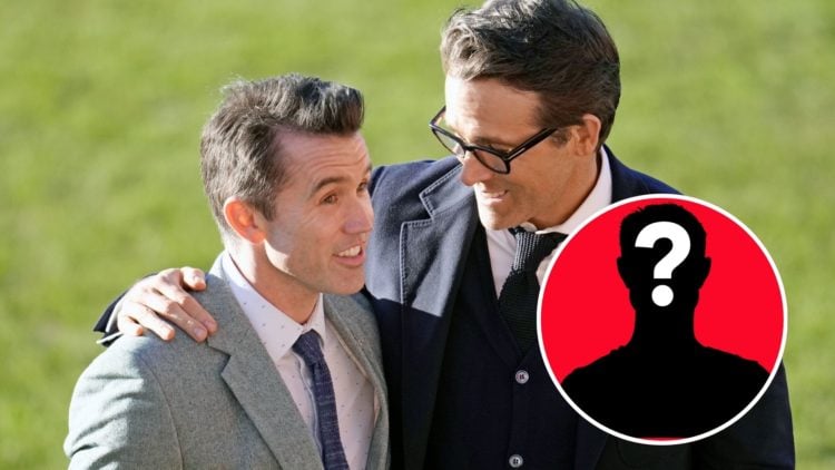Image of Co-Owners of Wrexham AFC Rob McElhenney and Ryan Reynolds talk as they wait for the arrival of King Charles III and Camilla, Inset of a my...