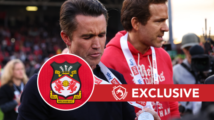 Wrexham owners Rob McElhenney and Ryan Reynolds. Inset, Wrexham badge. Overlaid, exclusive branding.
