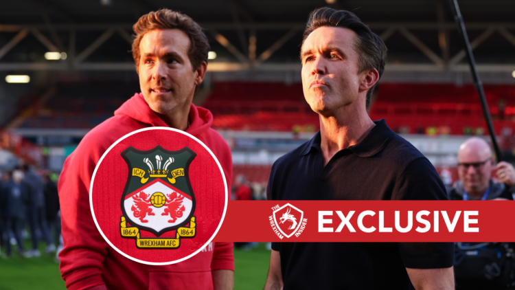 Wrexham owners Ryan Reynolds and Rob McElhenney. Inset, Wrexham badge. Overlaid, exclusive branding.