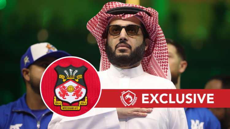 Saudi businessman Turki Al-Sheikh. Inset, Wrexham badge. Overlaid, exclusive branding.