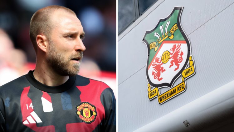 Christian Eriksen of Manchester United before the Premier League match between Manchester United FC and Wolverhampton Wanderers. The badge of Wrexh...
