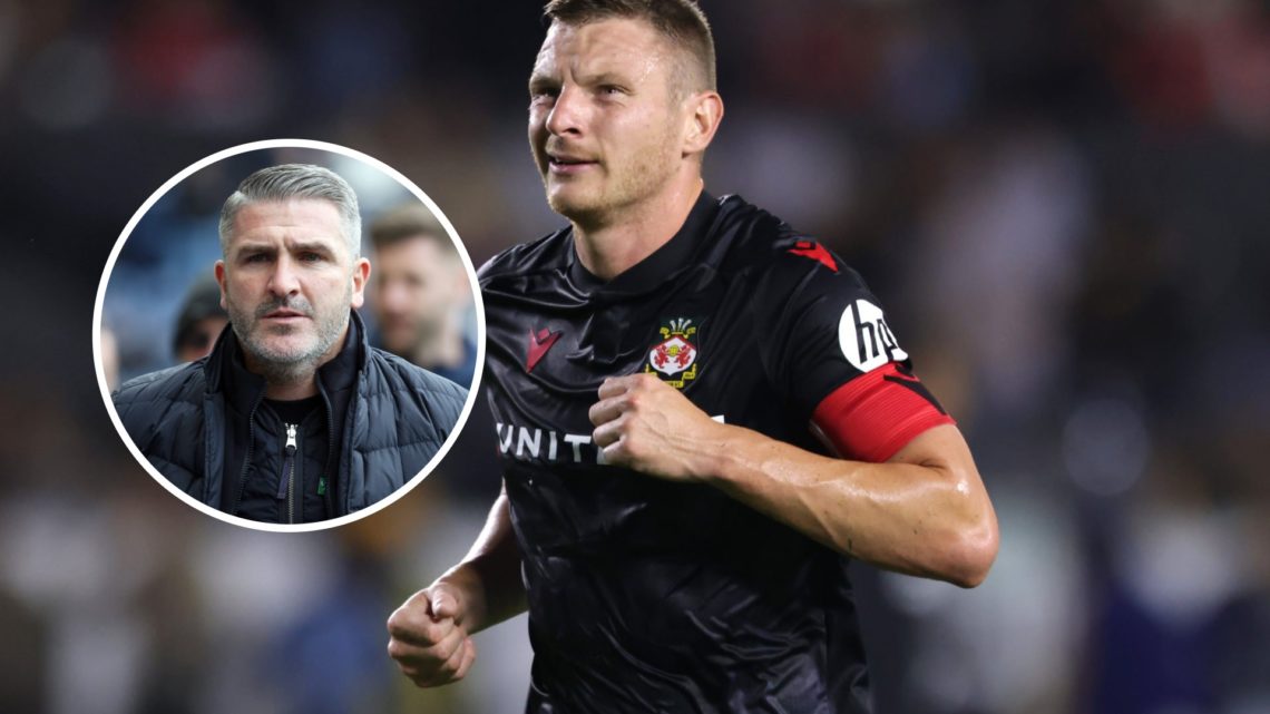 Wrexham striker Paul Mullin. Inset, Wigan manager Ryan Lowe.