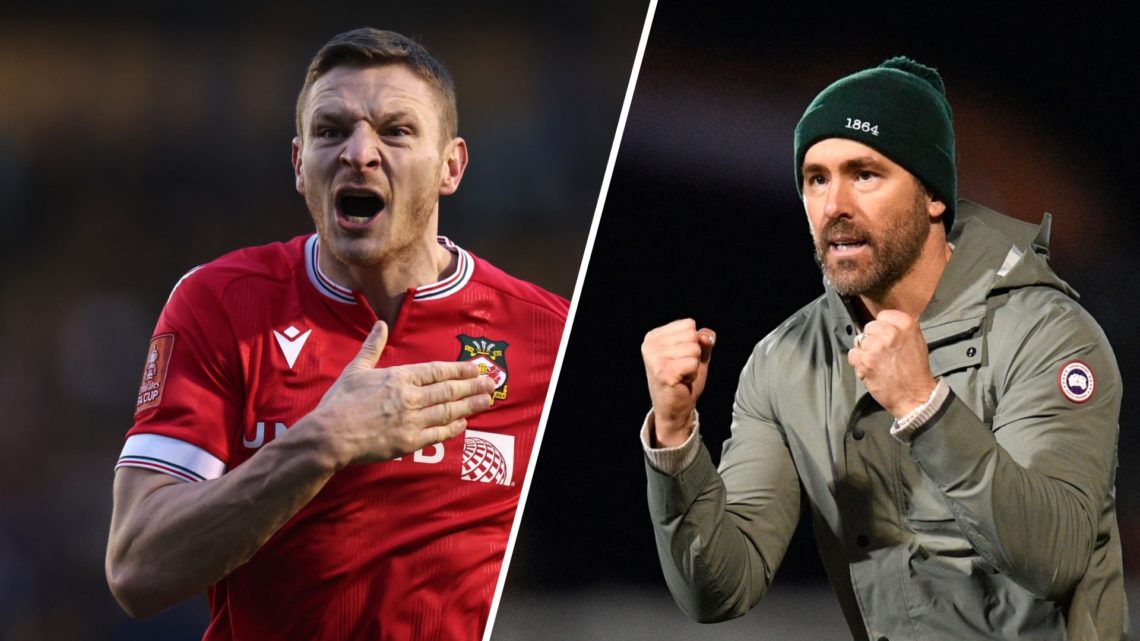 A split image of Wrexham striker Paul Mullin (L) and Wrexham co-owner Ryan Reynolds (R)