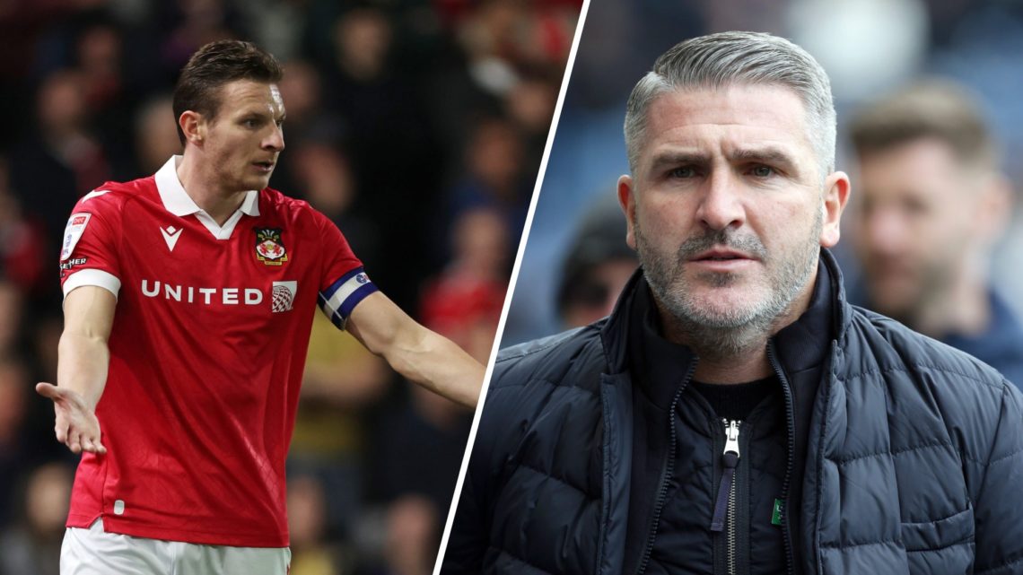 A split image of Wrexham striker Paul Mullin (L) and Preston North End boss Ryan Lowe (R)