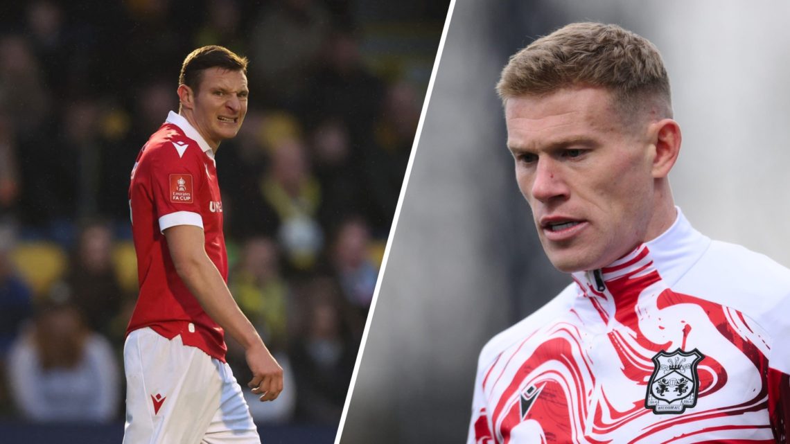 A split image of Wrexham striker Paul Mullin (L) and Wrexham captain James McClean (R)