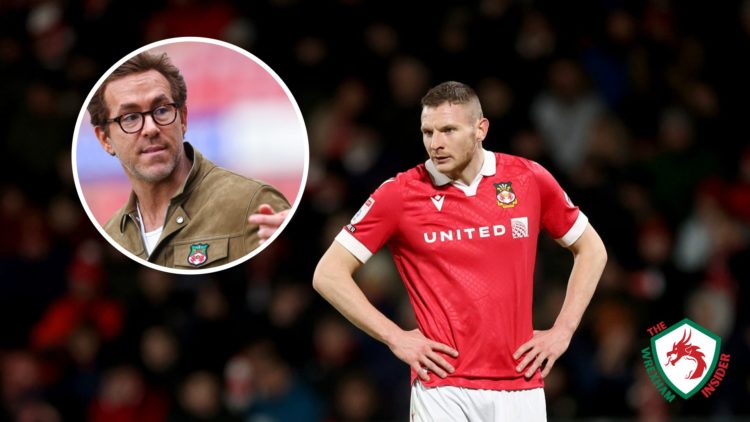 Wrexham striker Paul Mullin has his hands on his hips during a game. Inset a picture of Wrexham co-owner Ryan Reynolds pointing.