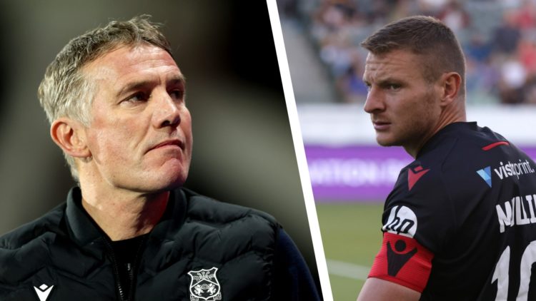 Split image of Wrexham AFC manager and Wrexham AFC striker Paul Mullin both looking unhappy during games.