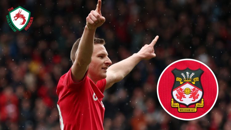Wrexham striker Paul Mullin. Inset, Wrexham badge.